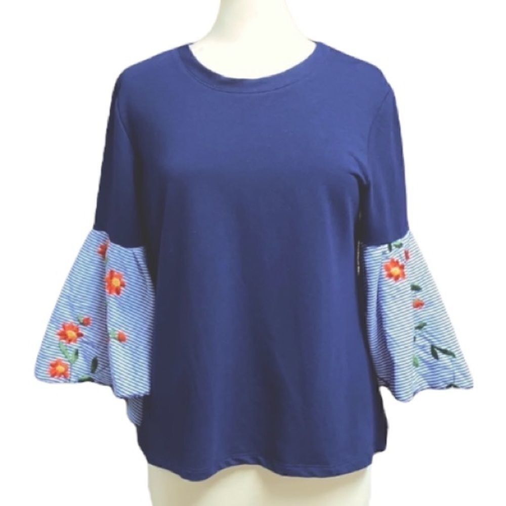 Camille & Co. Navy Embroidery Bell Sleeve Top